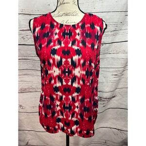 Willi Smith Sleeveless Blouse Top Red White Navy Print‎ Button Back Medium